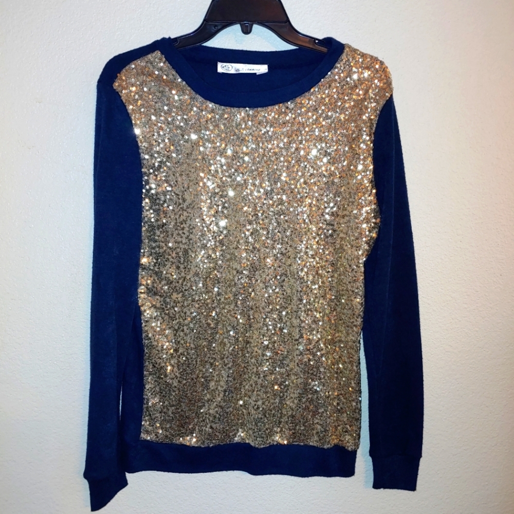 Navy gold sequin front blouse long sleeve small e2 clothing boutique